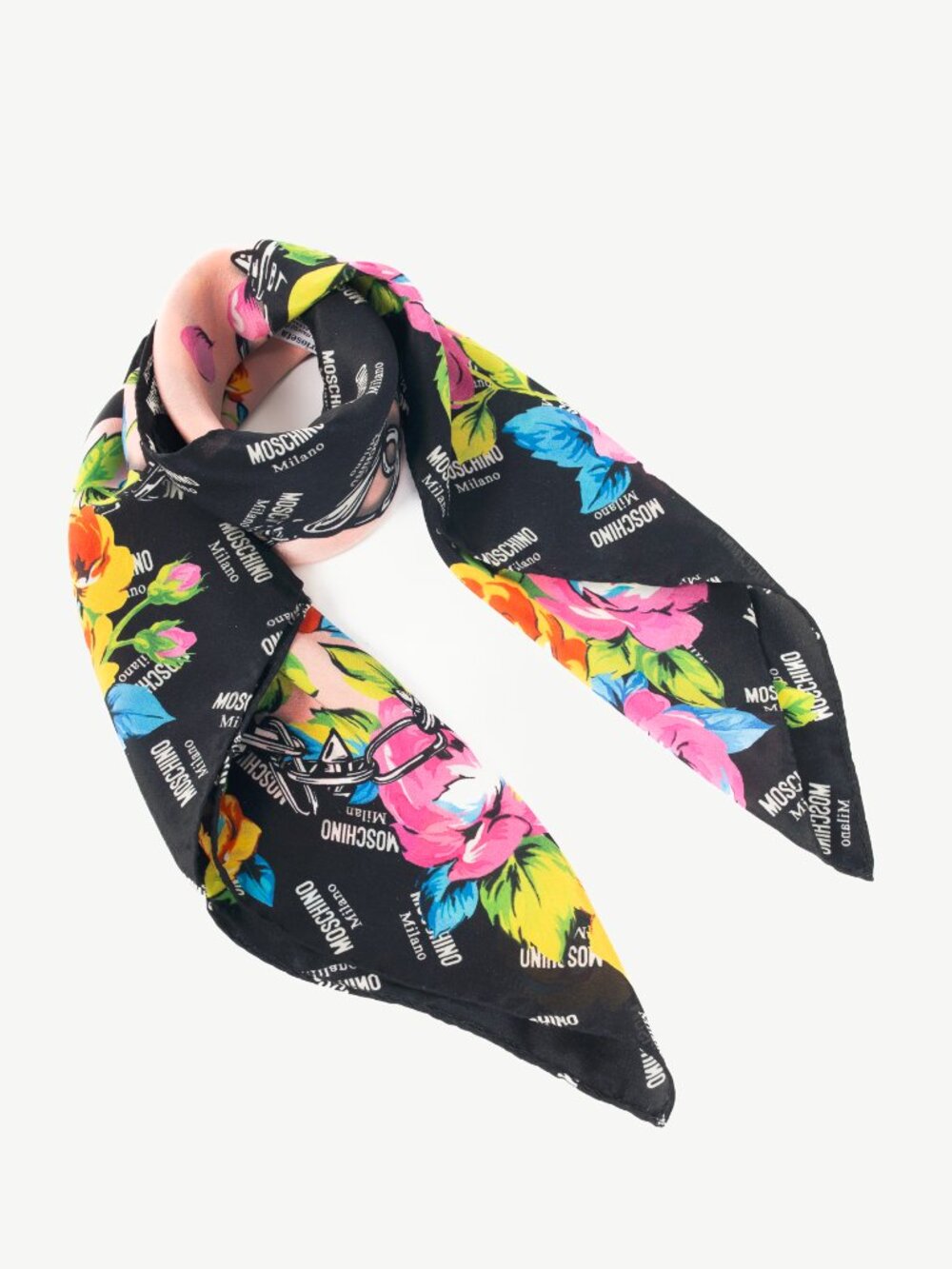 Moschino Pink & Black Silk Logo Floral Square Scarf